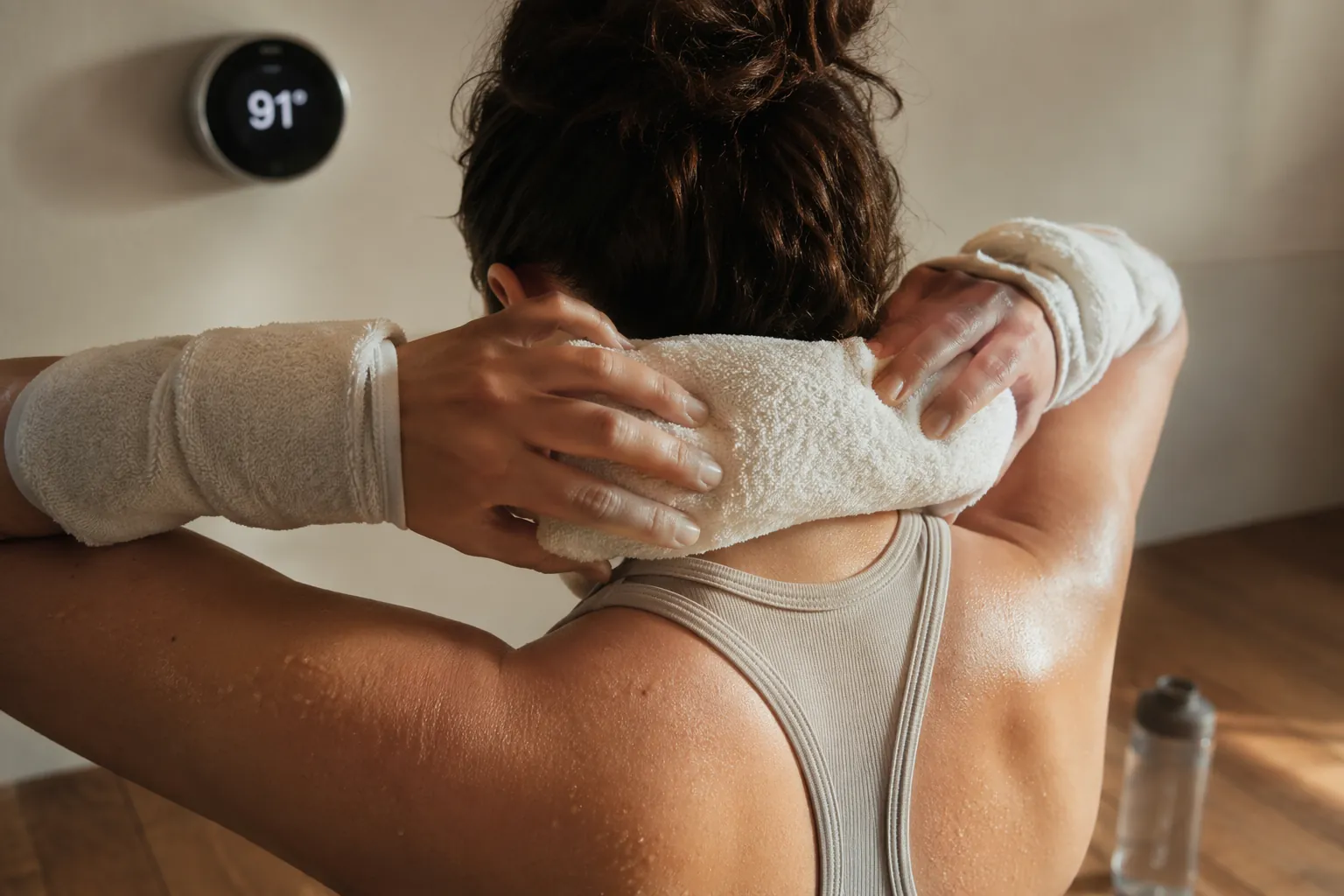 Hands placing a cold towel on the back of the neck before exercise in a warm room with a thermometer and water bottle nearby