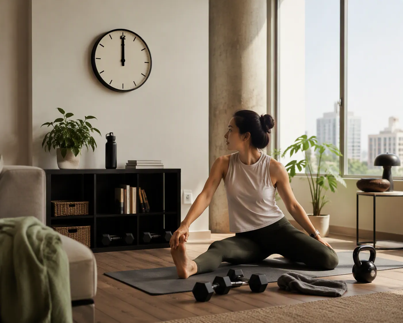 Home workout space with dumbbells, yoga mat, noon wall clock, and a person stretching on the floor