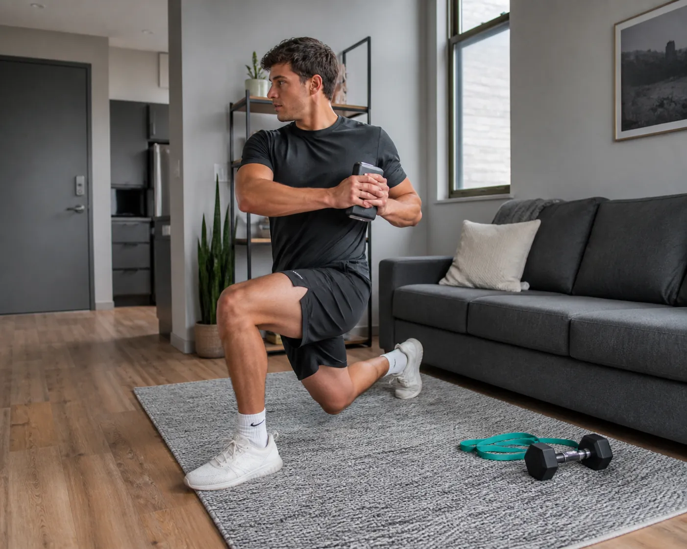 A person performing a lunge rotational twist with a dumbbell in a small apartment living room