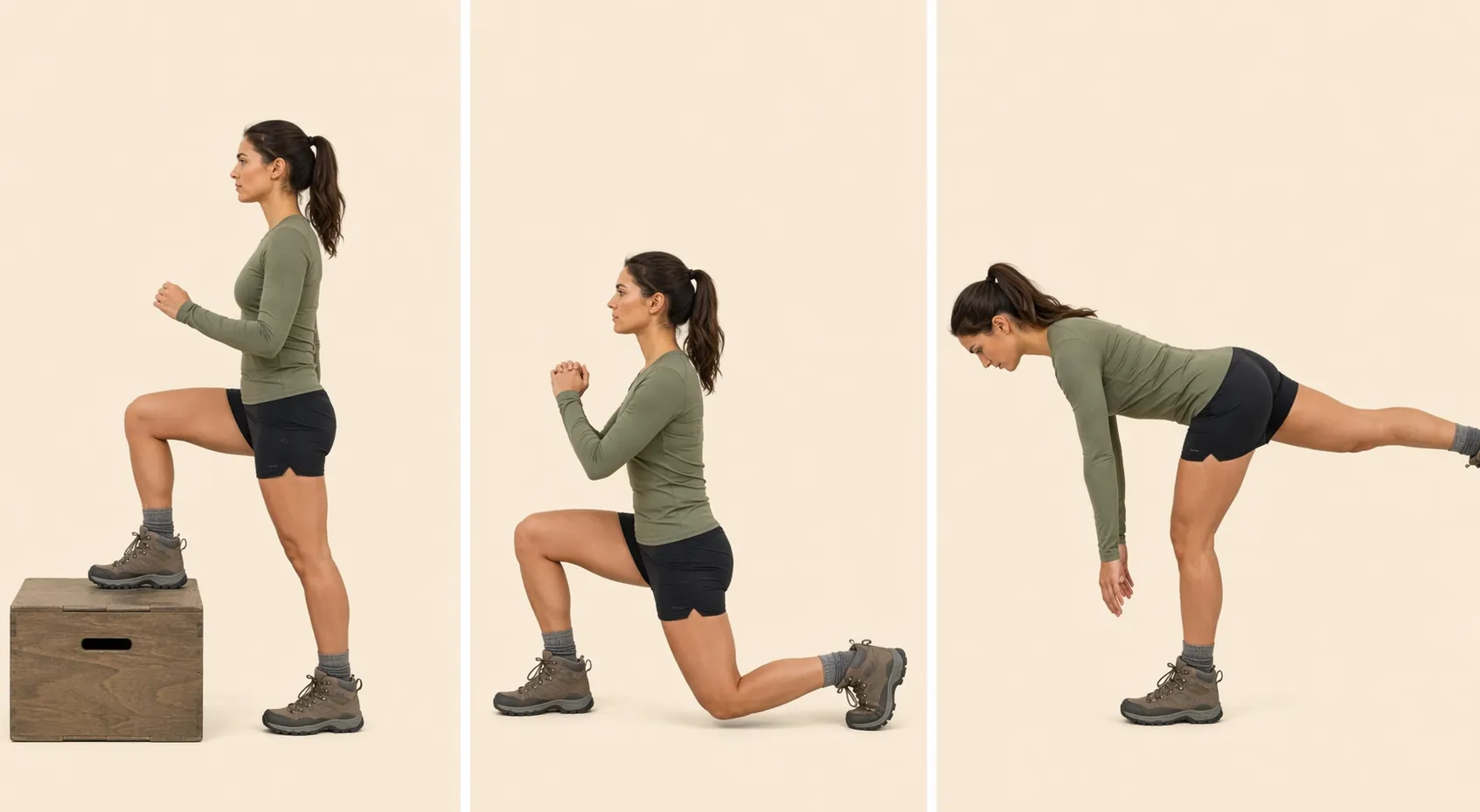 Illustration of step-ups, reverse lunges, and single-leg deadlifts for hiking preparation.