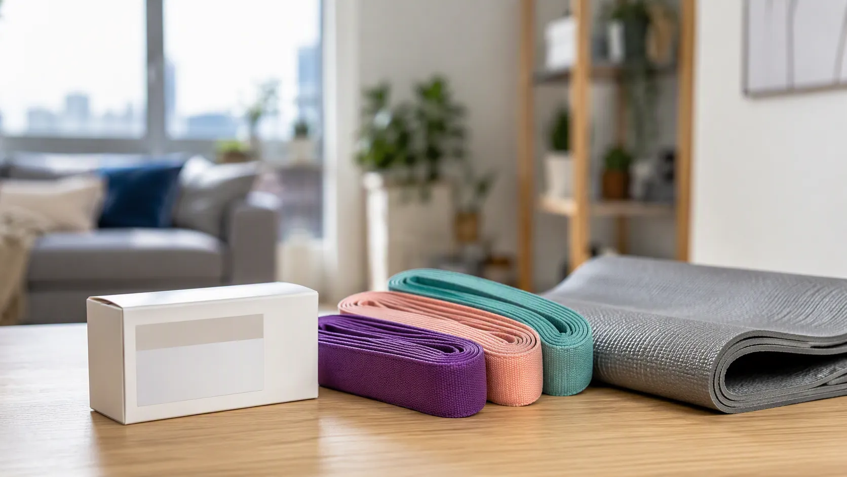 Prescription medicine carton beside resistance bands and an exercise mat on an apartment table