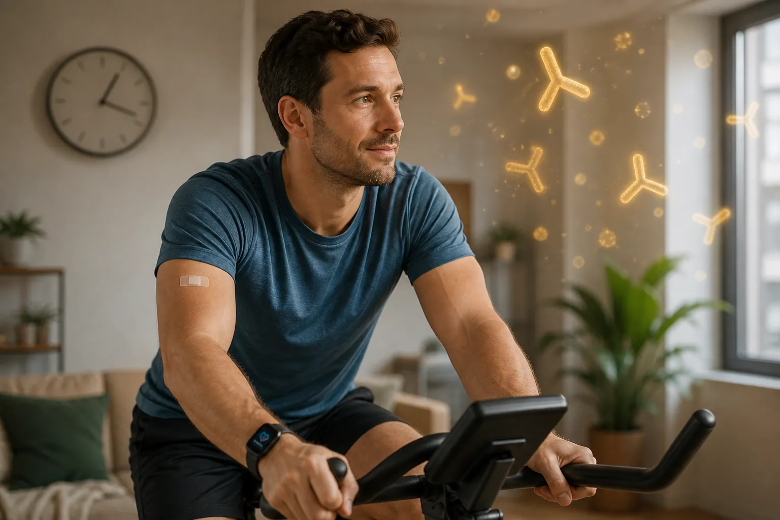 A person riding a stationary bike at an easy pace after a COVID vaccine in a small apartment