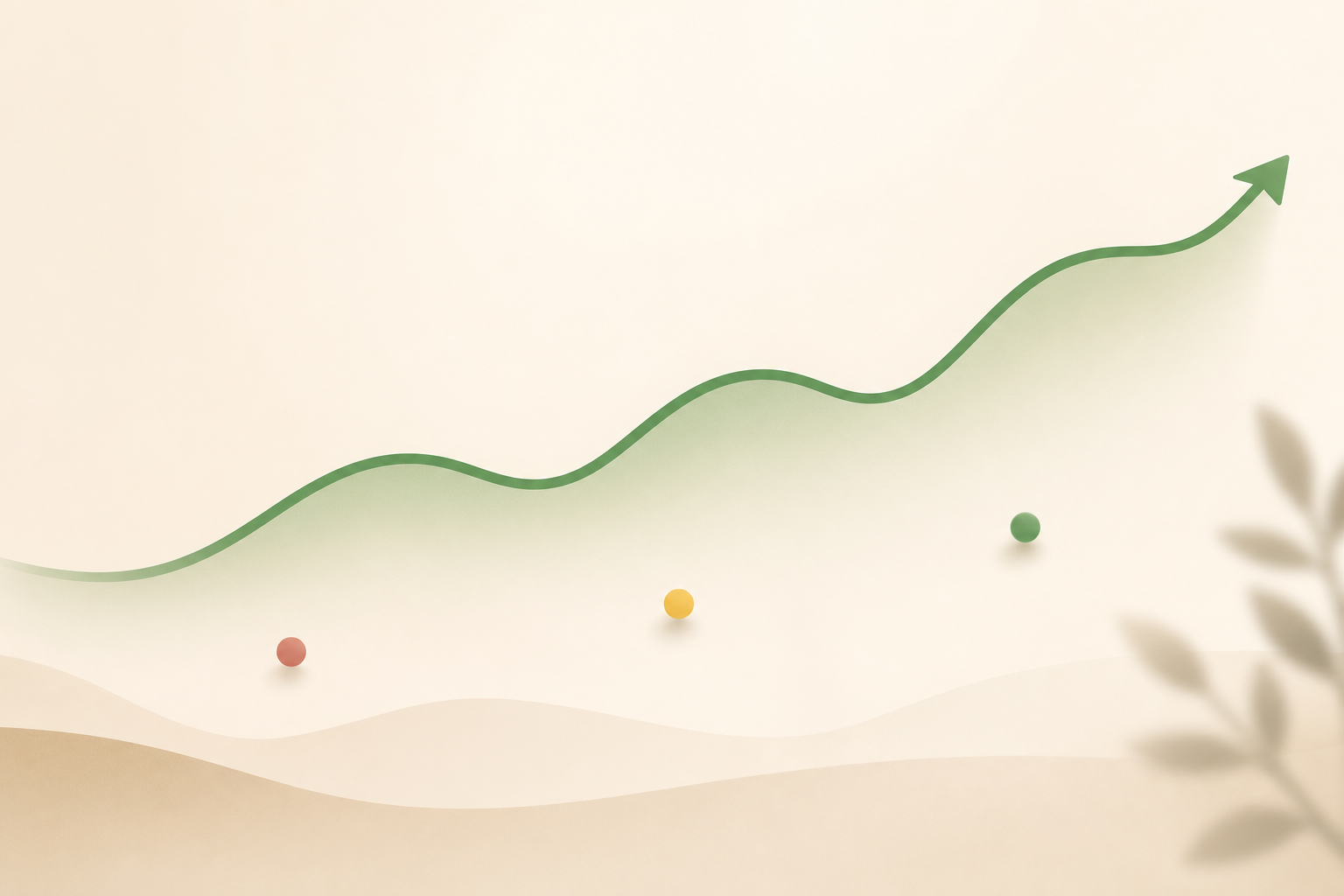 Abstract editorial visualization with a smooth green upward-trending wave representing long-term recovery data, with smaller red, yellow, and green data points in the foreground subordinated to the main trend line.