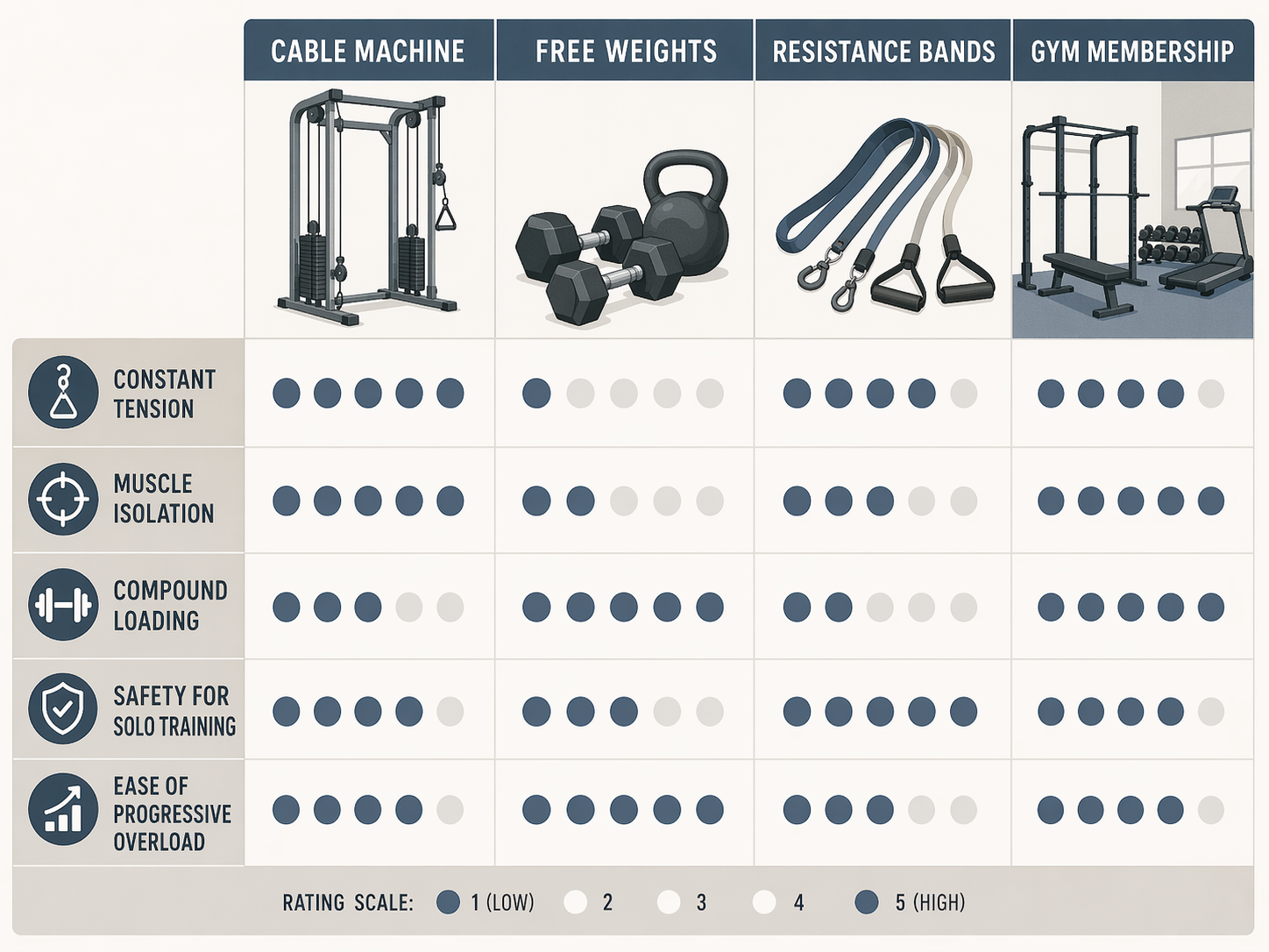 Comparison grid with four columns (cable machine, free weights, bands, gym membership) and five rows (constant tension, muscle isolation, compound loading, safety, progressive overload) using 1-5 dot ratings.