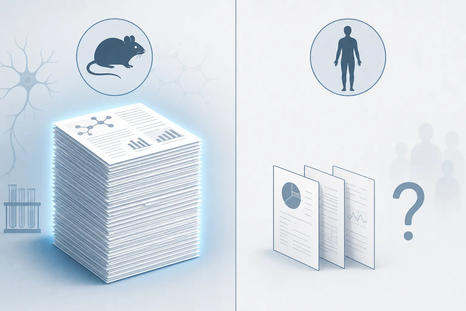 Illustration comparing abundant animal research with scarce human clinical data