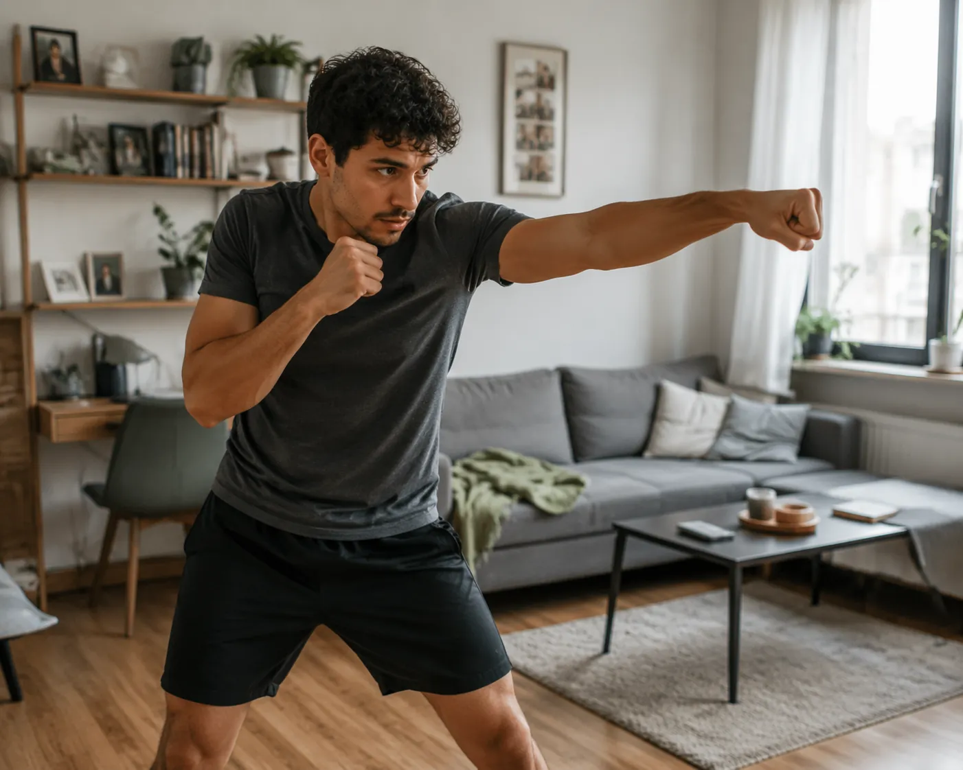 A beginner standing in a no-equipment boxing stance in a bright living room