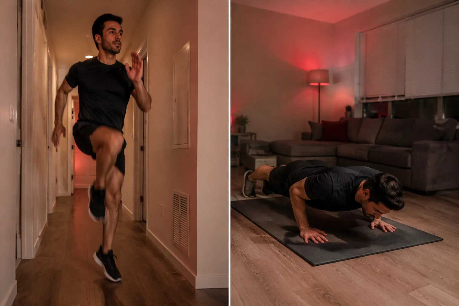 Person alternating fast hallway cardio with bodyweight strength work beside a couch in a small apartment