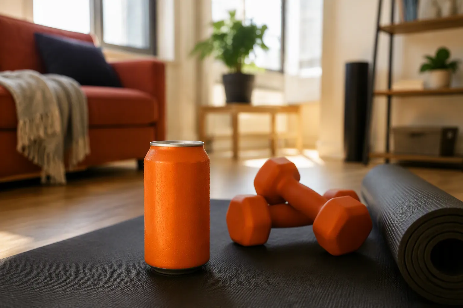 A can of orange soda on a home workout mat beside dumbbells in a compact apartment