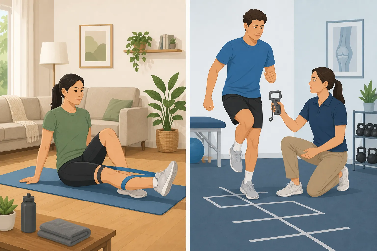 Split illustration comparing ACL home rehab on a mat with supervised strength and hop testing in a clinic