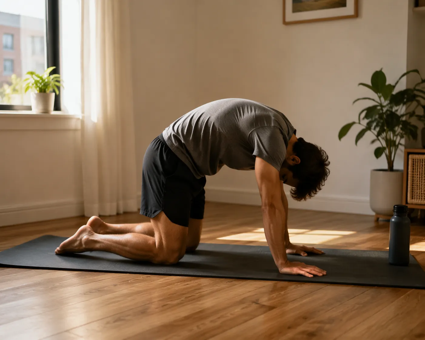 Runner performing cat-camel mobility on a yoga mat in a small apartment corner