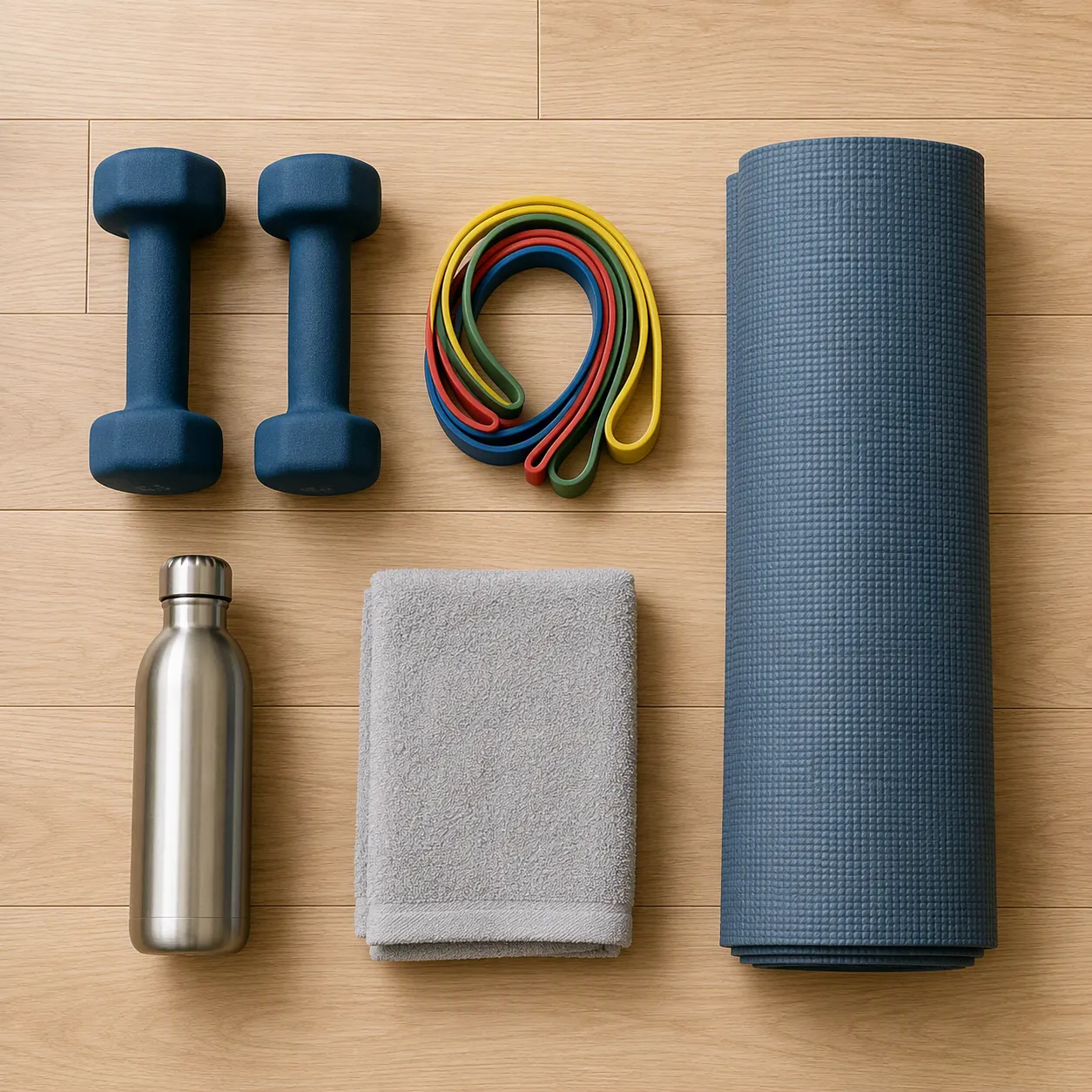 Minimal home workout gear with dumbbells, resistance bands, a folded mat, a water bottle, and a towel on a wooden floor