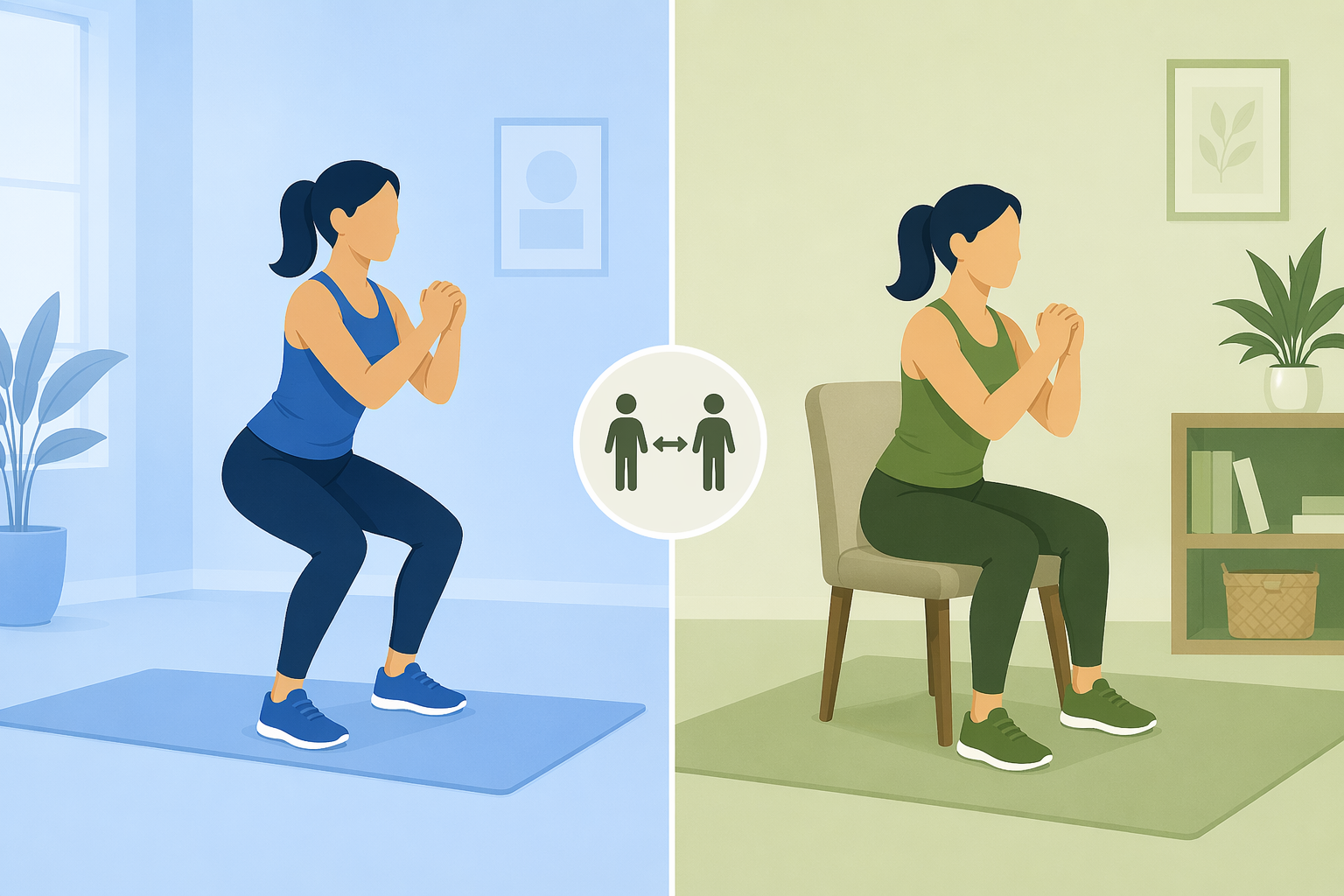 A standing squat shown beside a seated low impact squat modification