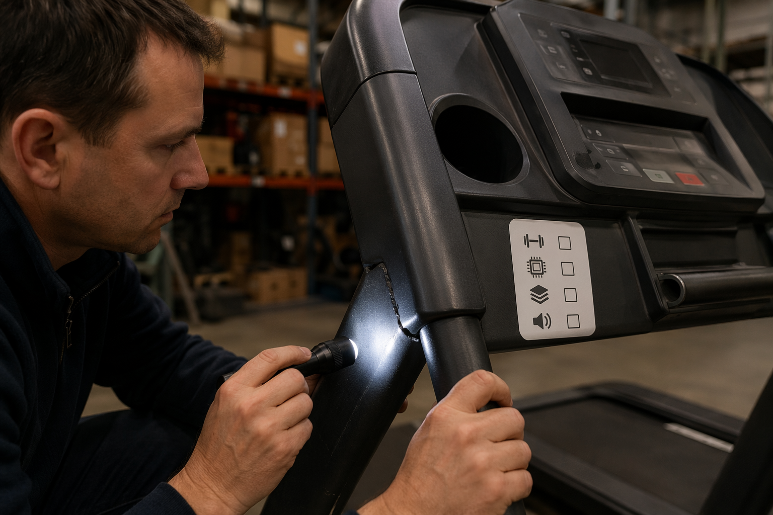 Used treadmill frame weld being inspected with a flashlight