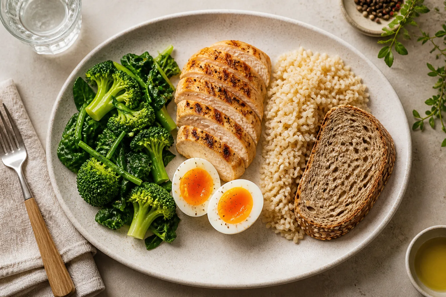 Plate arranged with vegetables first, protein foods second, and rice and bread last