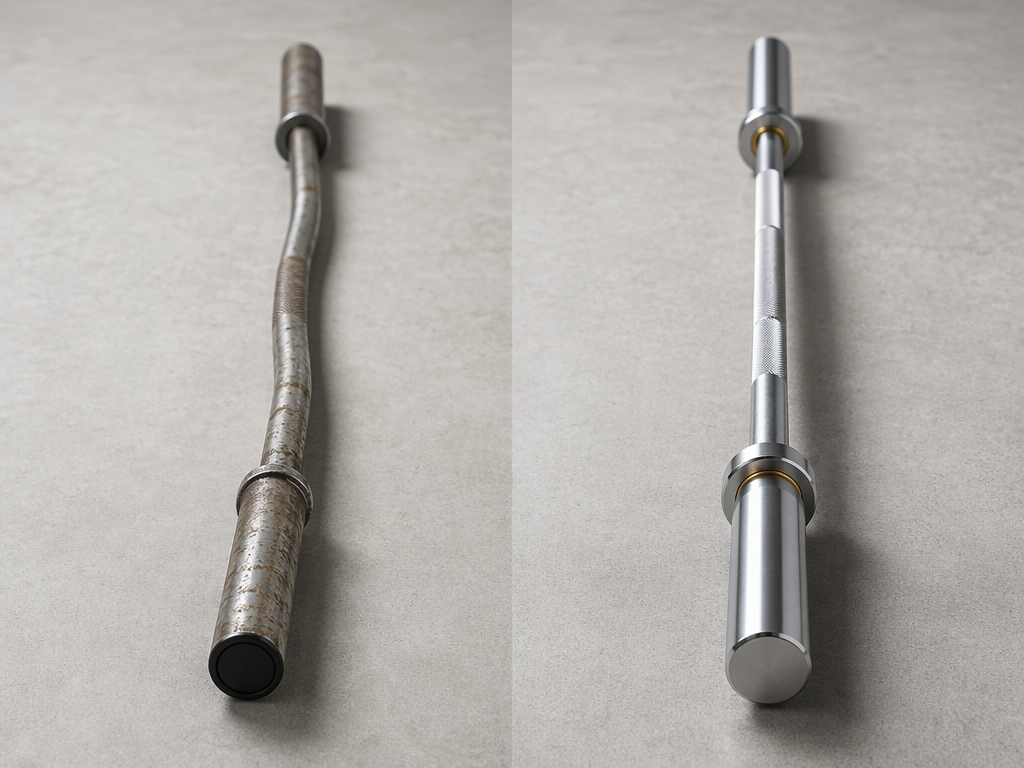 Side-by-side comparison of two barbells on a clean flat surface. Left: a damaged cheap barbell with a visible bend in the shaft, dull tarnished finish, and rusty spots. Right: a premium Olympic barbell with bright chrome finish, sharp knurling, and perfectly straight shaft. Studio lighting with subtle shadows.