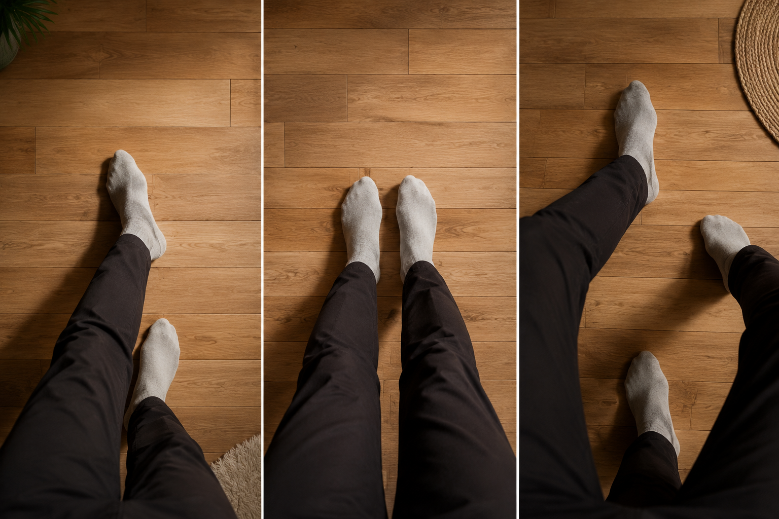 Socks on an apartment floor showing salsa, jive, and cha-cha footwork positions