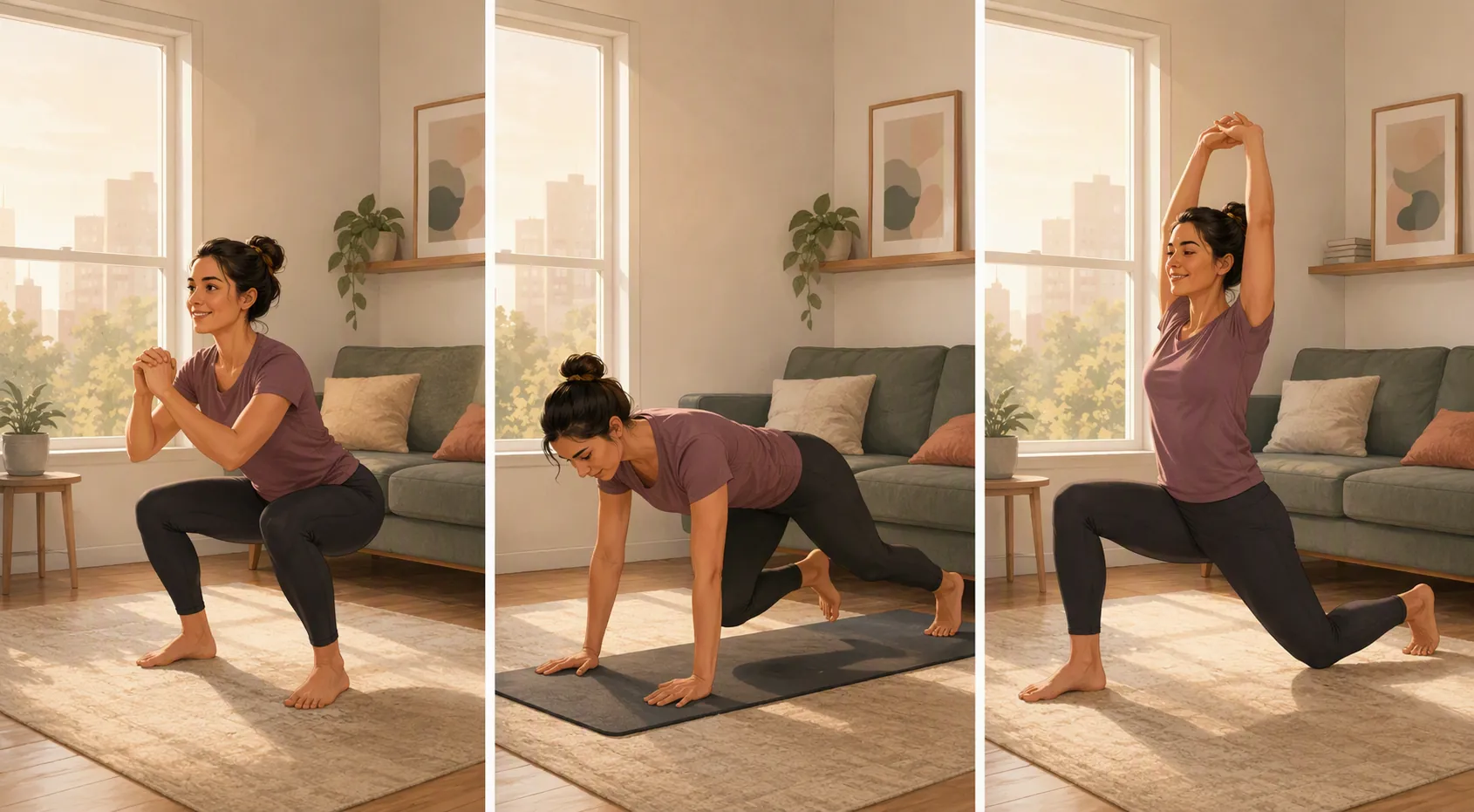 Three-panel illustration of a person doing a squat, a low-impact floor movement, and a standing lunge stretch in a small living room