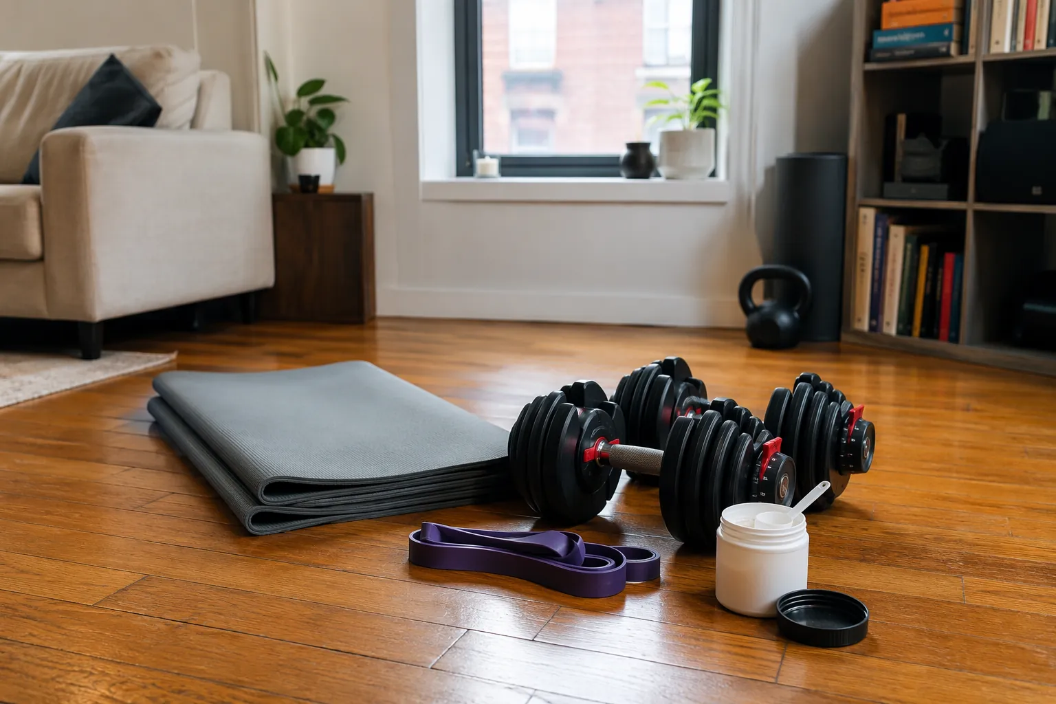 Apartment living room home workout setup with dumbbells, mat, resistance band, and creatine powder