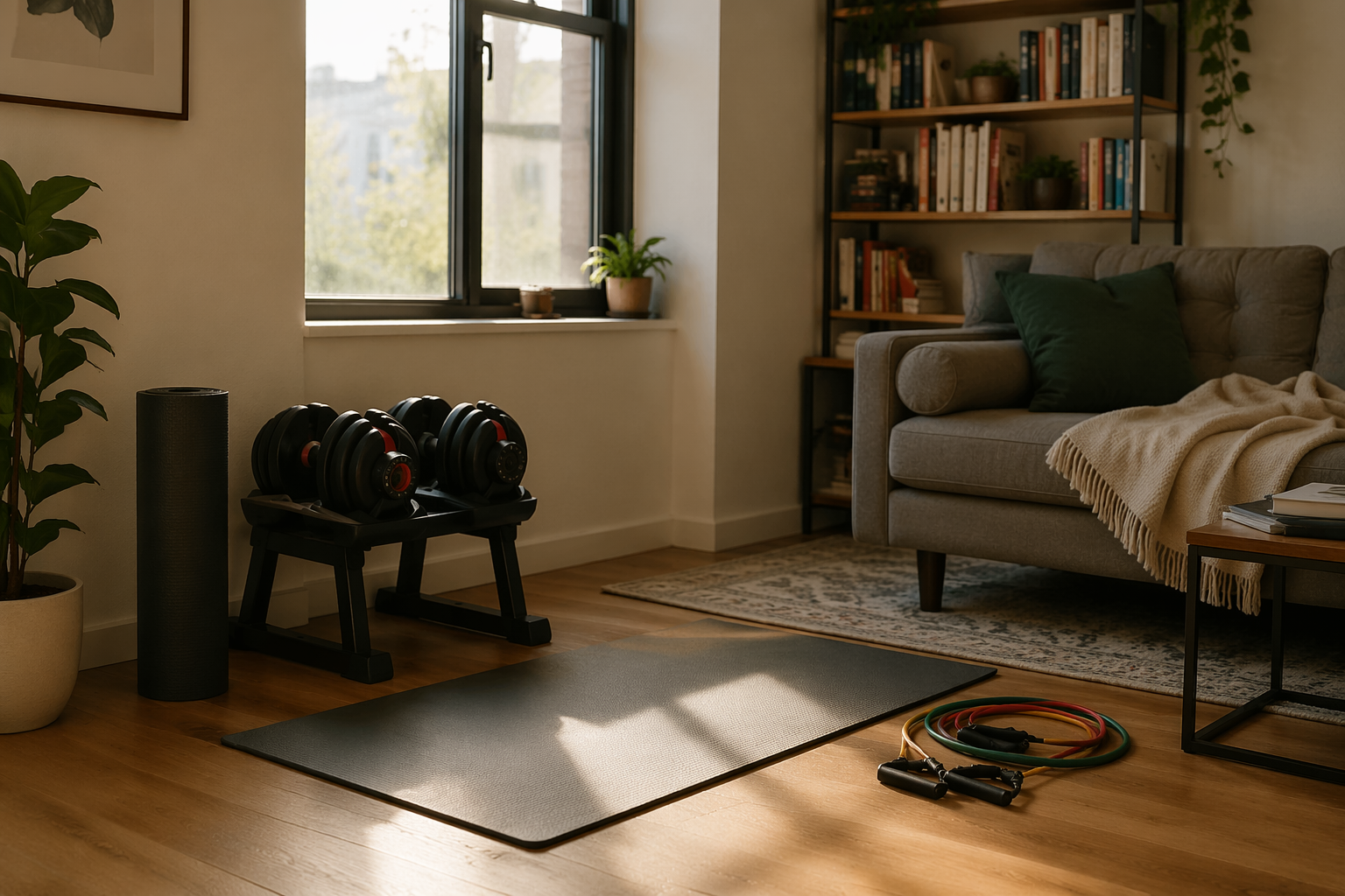 Small apartment living room with adjustable dumbbells, a rolled mat, and coiled resistance bands near everyday furniture