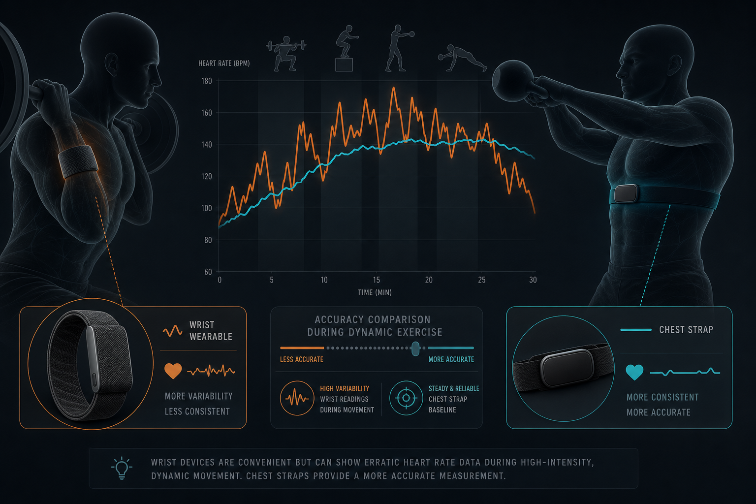 An editorial illustration comparing a wrist-worn fitness band to a chest strap monitor on a person silhouette during exercise, with diverging heart rate lines showing the wrist-based reading fluctuating while the chest strap line stays steady.