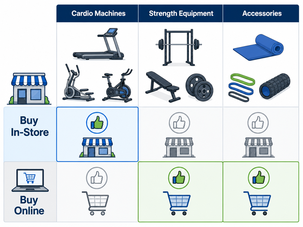 Decision matrix illustration comparing three equipment categories across two buying channels. Cardio machines (treadmill, elliptical, bike icons) are marked with a thumbs-up for buying in-store. Strength equipment (rack, bench, plate icons) and accessories (mat, bands, roller icons) are marked with a thumbs-up for buying online. Clean flat illustration in blue, gray, and green tones.