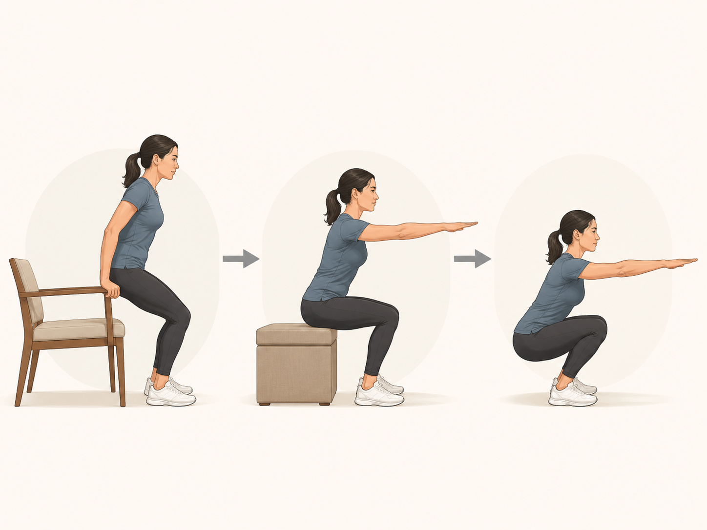 Squat progression ladder from assisted chair squat to box squat to full bodyweight squat