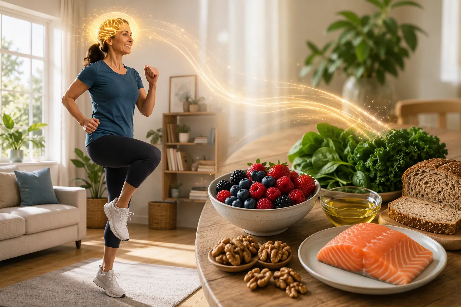 Person exercising at home beside brain-supportive foods including berries, walnuts, greens, salmon, olive oil, and whole grain bread