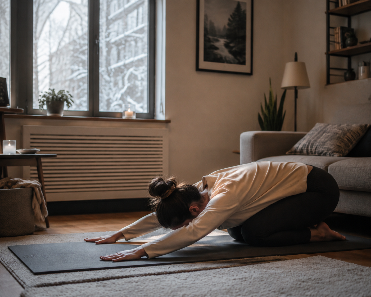 Person doing a quiet kneeling floor stretch on a yoga mat in a compact living room