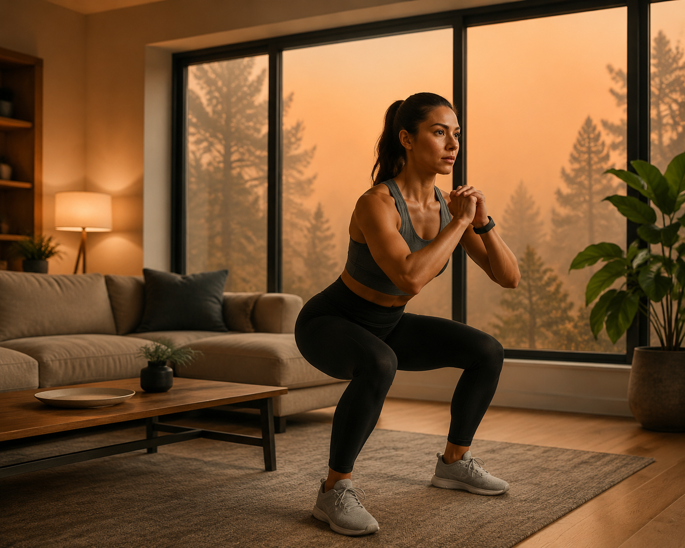 A person doing bodyweight squats indoors while smoky conditions are visible outside the window