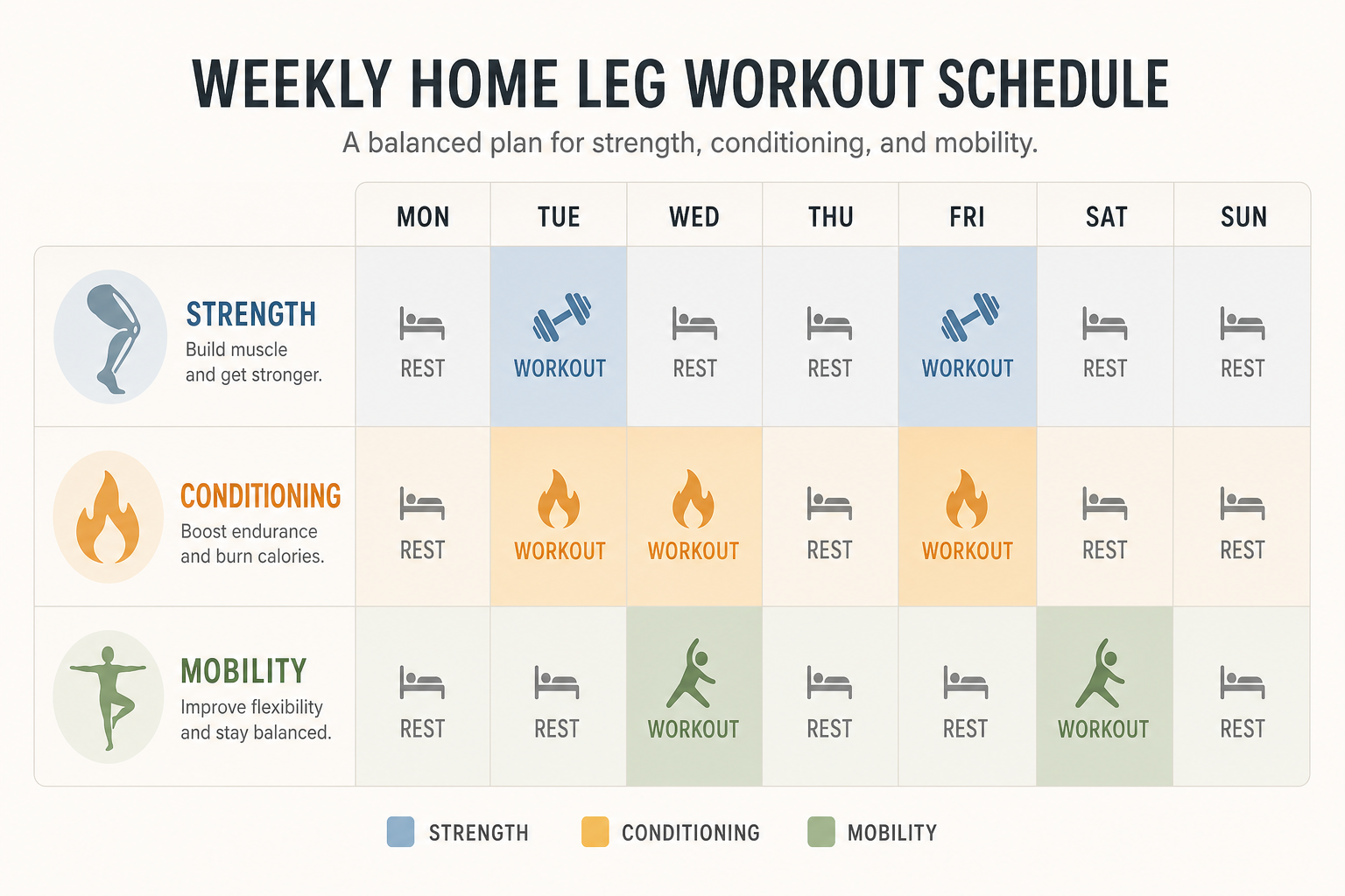 Flat-design weekly schedule grid showing three rows for strength, conditioning, and mobility goals with colored workout and rest day blocks across the week