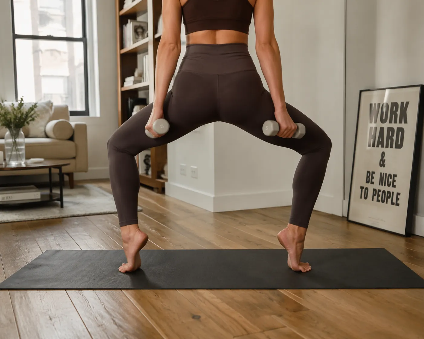 Person doing ballet pliés on a yoga mat in a small apartment while holding light dumbbells