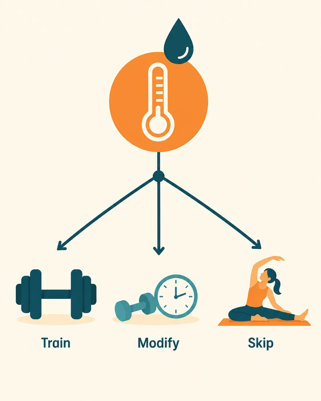 Decision-flow illustration showing temperature and humidity leading to train, modify, or skip options