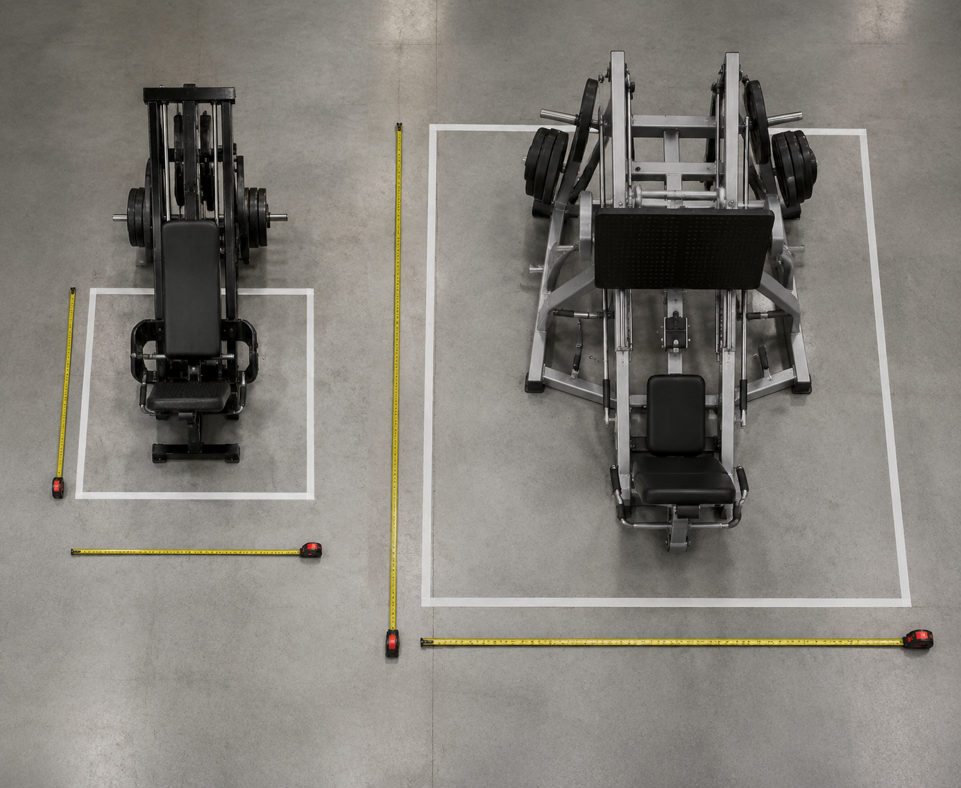 Top-down comparison of compact vertical leg press and larger 45-degree leg press footprints