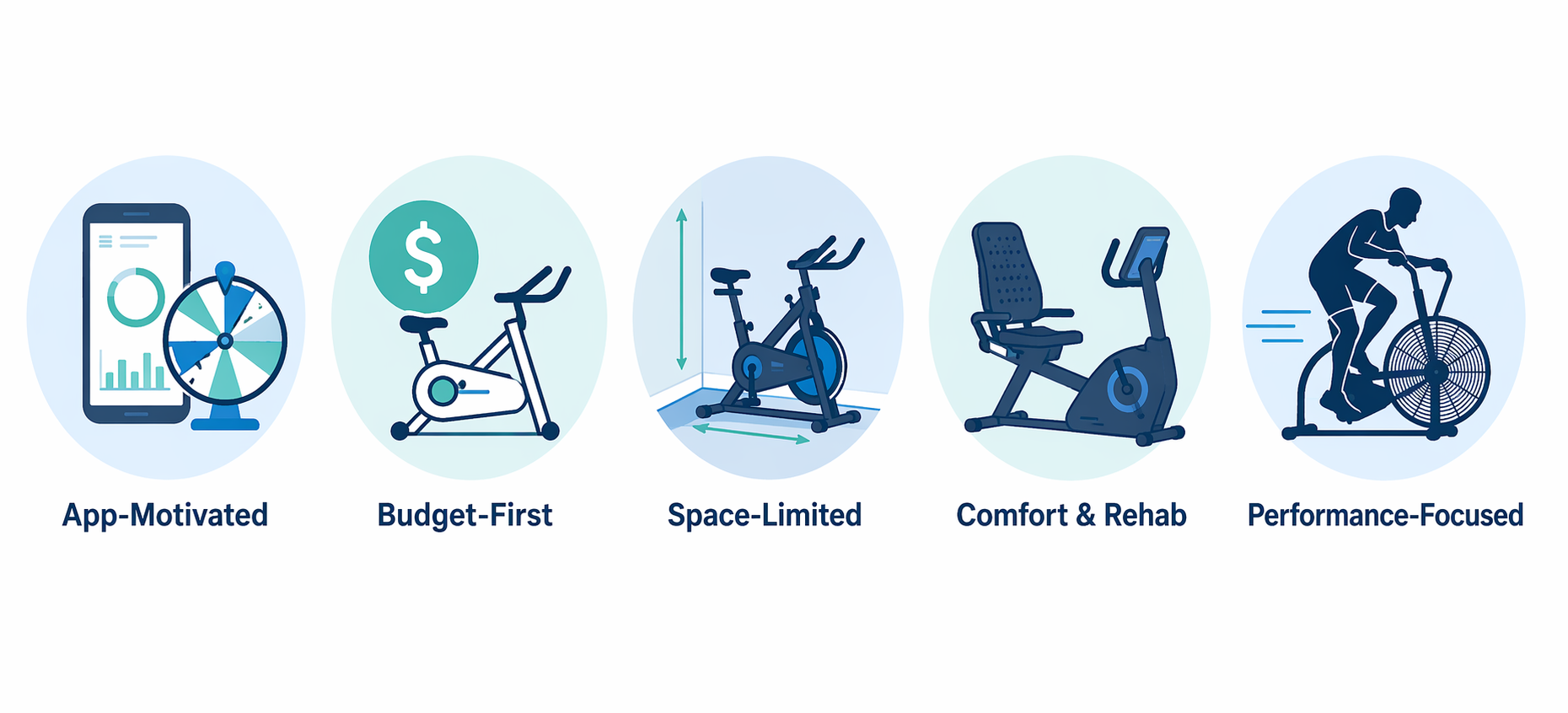 Infographic showing five rider profile icons: App-Motivated, Budget-First, Space-Limited, Comfort & Rehab, Performance-Focused.