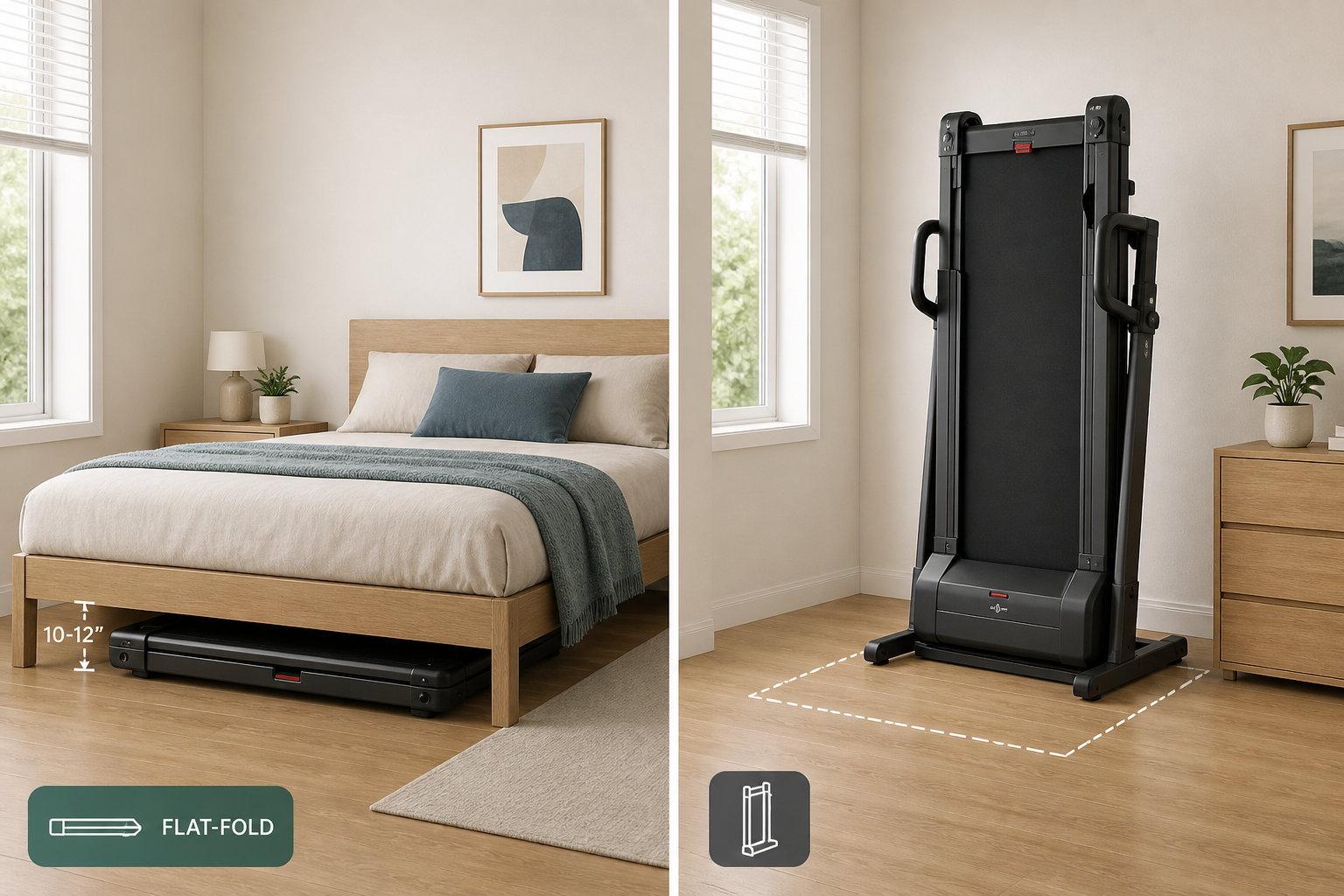 Side-by-side illustration showing a flat-fold treadmill stored under a bed on the left, and a vertical-fold treadmill with its deck tilted upright but still occupying a large floor footprint on the right.