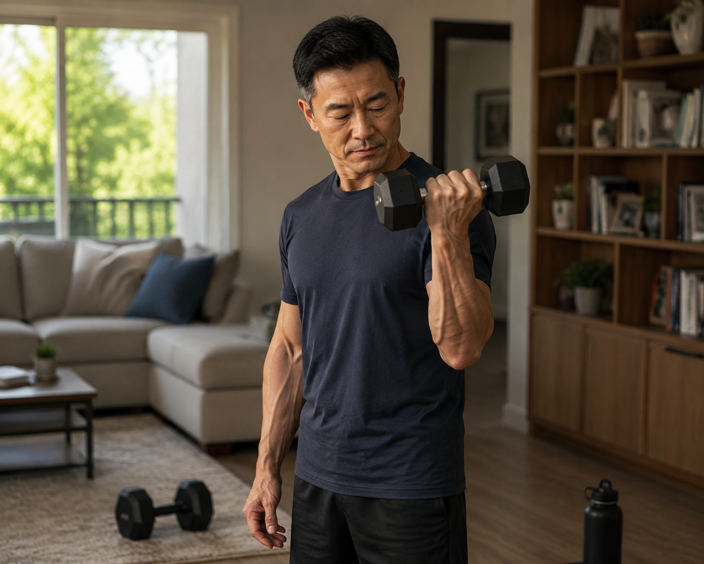 Midlife man doing a dumbbell bicep curl in a living room with minimal home workout equipment