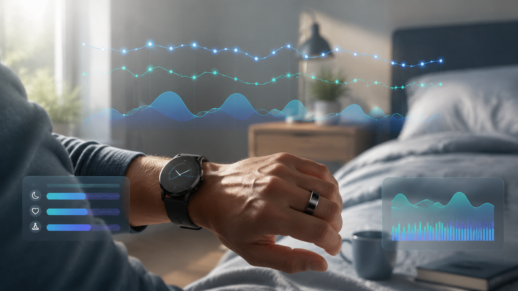 Smart ring and fitness watch with trend lines representing multi-week sleep and recovery data