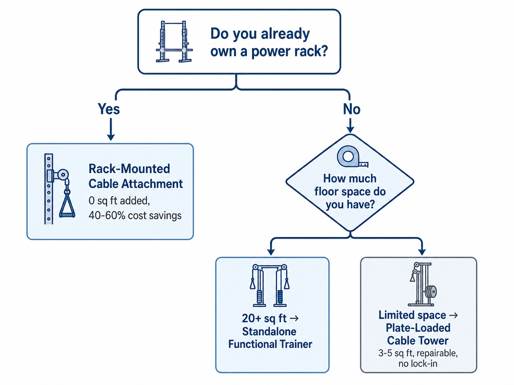 Decision tree flowchart starting with 'Do you already own a power rack?' branching to rack-mounted cable attachment on the yes path, and a floor space diamond on the no path leading to standalone functional trainer or plate-loaded cable tower.