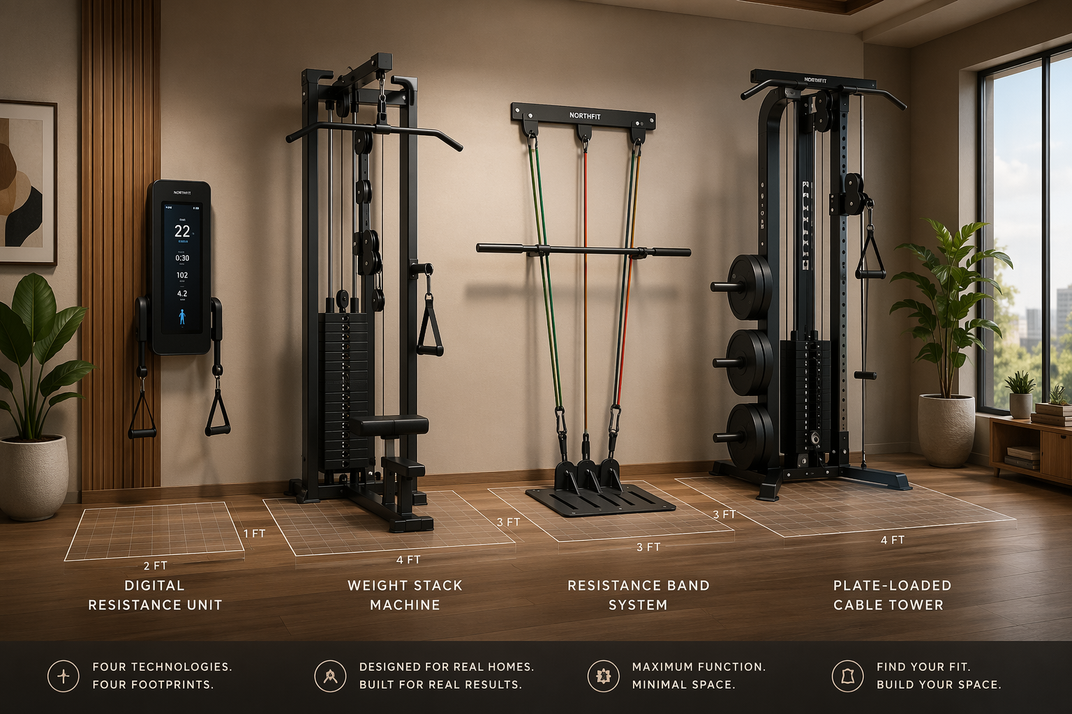 Four compact home gym resistance technologies arranged side by side in a modern apartment corner: a wall-mounted digital resistance unit, a weight stack machine, a band-based floor anchor system, and a plate-loaded cable tower, each on a marked floor footprint grid.