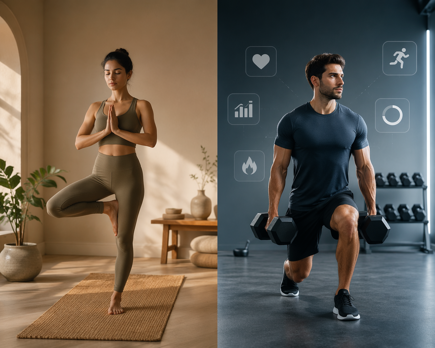 Split image showing yoga-focused training on one side and strength training on the other