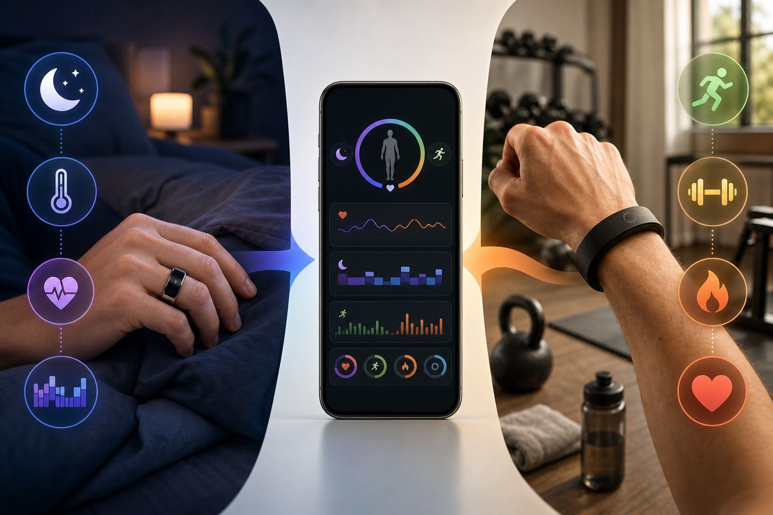 A clean editorial split-composition visual with a smart ring on a finger over a bed scene with sleep and recovery icons on the left, and a screenless fitness band on a wrist over a home gym scene with activity icons on the right, with a gradient arrow flowing toward a central smartphone showing consolidated health data from both devices.