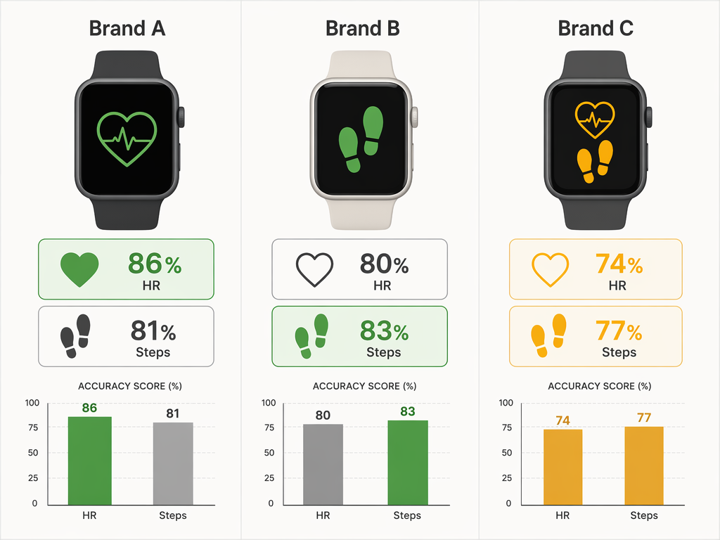 A three-column brand accuracy comparison showing abstract smartwatch silhouettes. Left column has a heart icon with '86% HR' highlighted green, middle column has a footprint icon with '83% Steps' highlighted green, right column shows a heart with '74% HR' and footprint with '77% Steps' in amber. Small bar charts at the bottom of each column show relative accuracy scores in minimalist vector style.