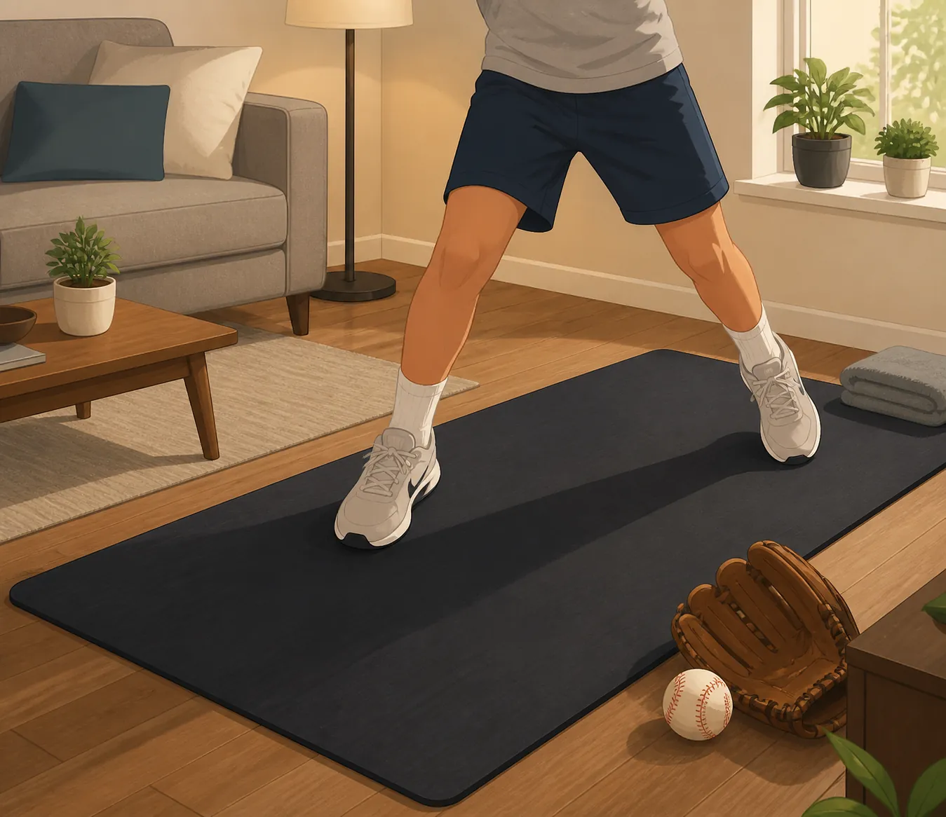 Child doing a low-impact lateral shuffle on an exercise mat in a small apartment living-room corner with a baseball glove nearby