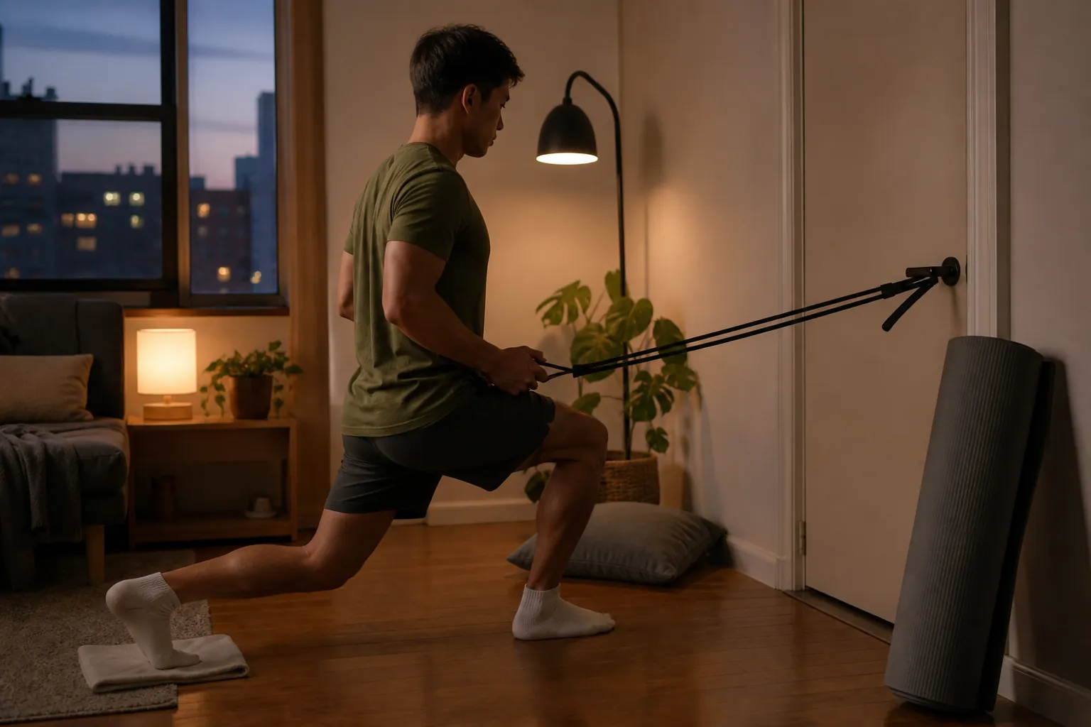 Person performing a quiet towel-slide lunge with a resistance band in a small apartment room