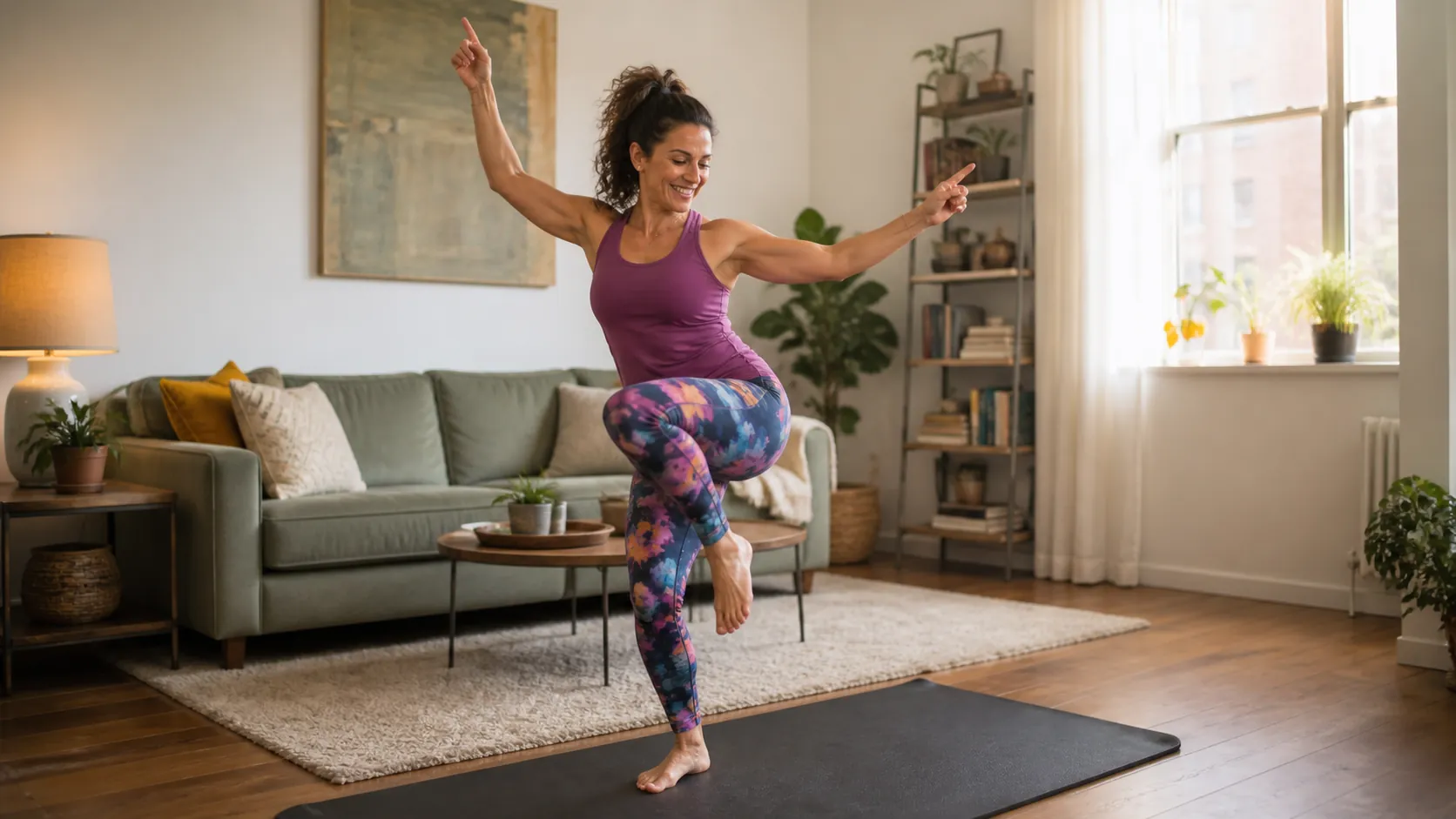 Woman doing a low-impact dance-cardio move on a mat in a small apartment living room