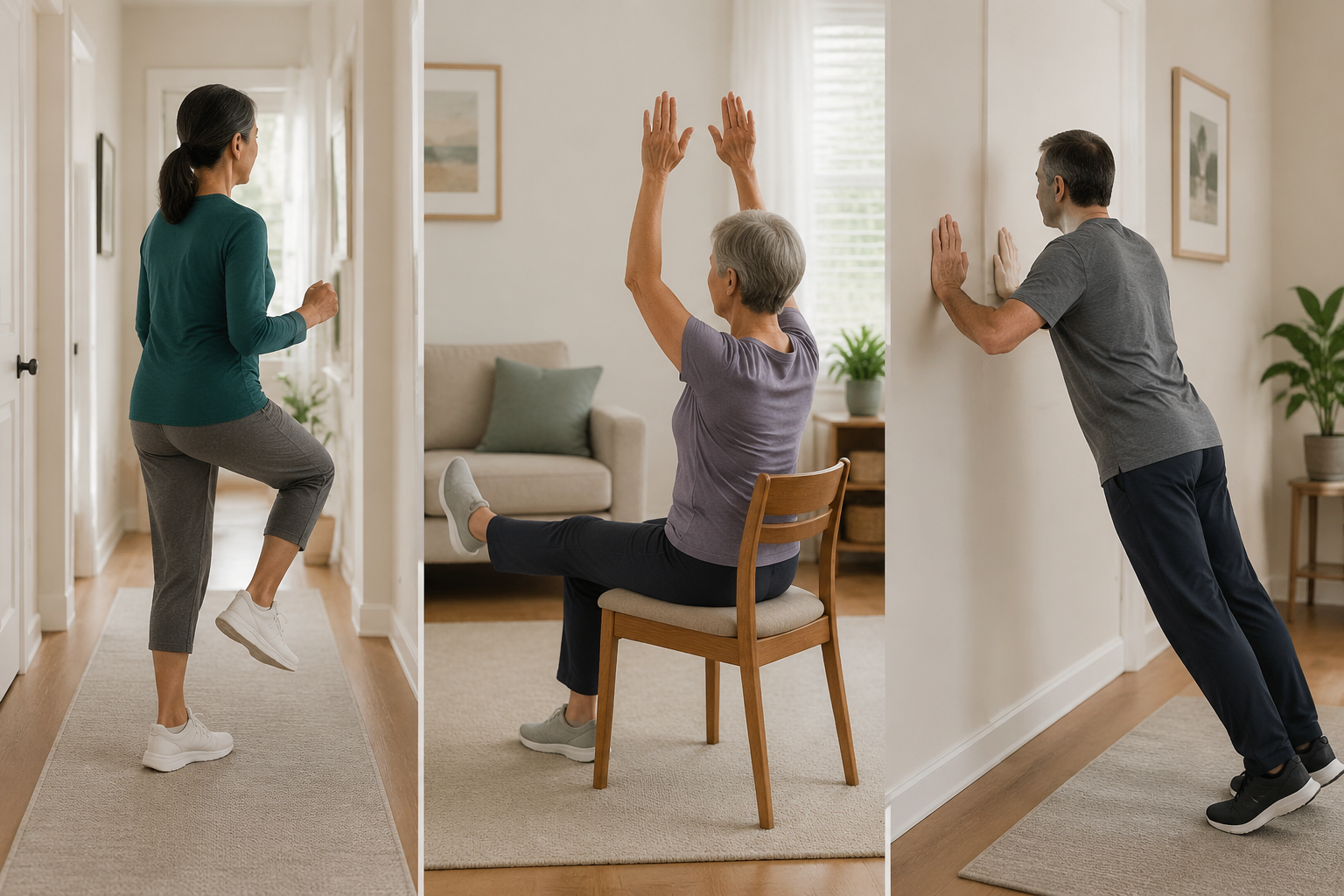 Three-panel home exercise scene showing walking in place, seated arm raises, and a wall push-up