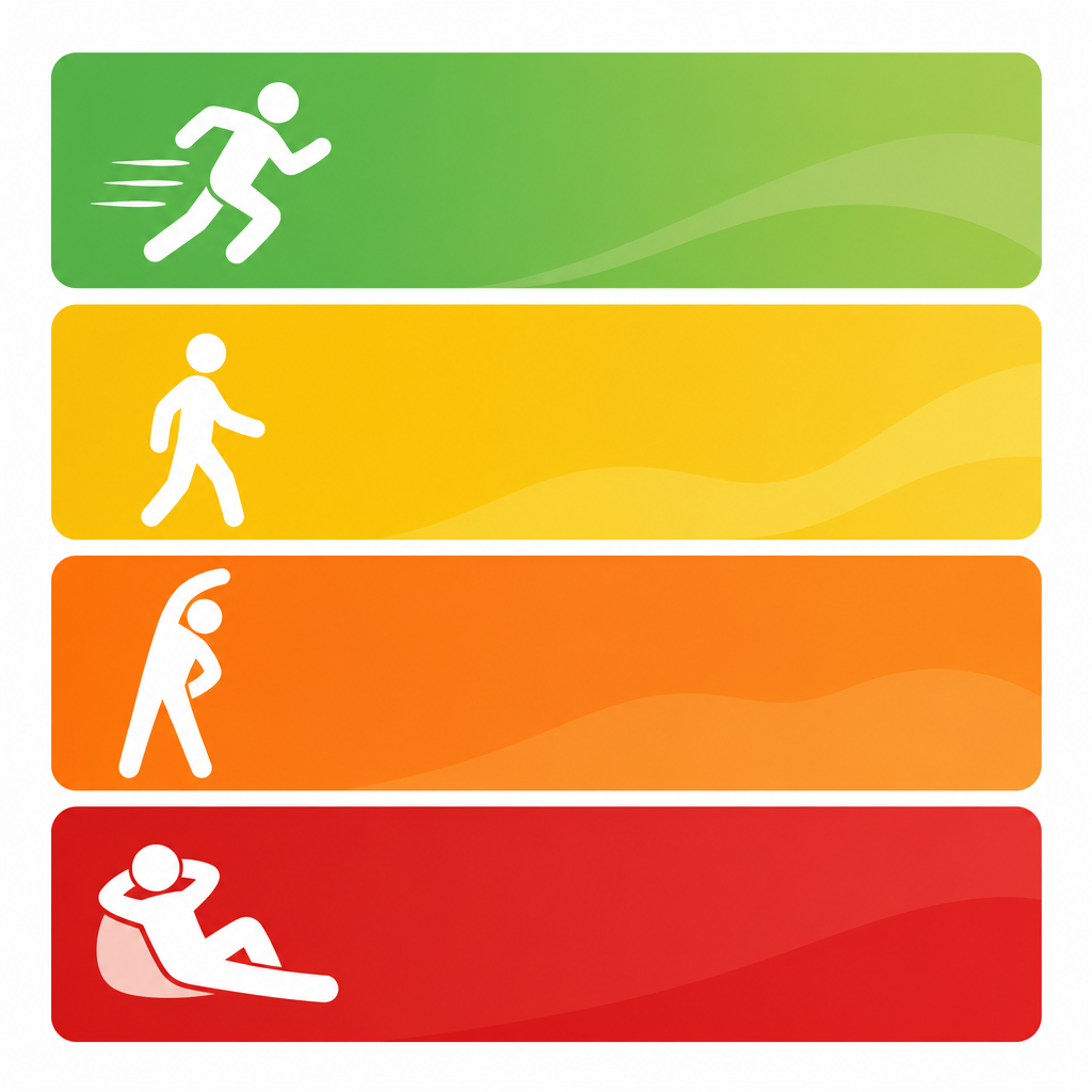Four stacked horizontal color bands — green, yellow, orange-red, and deep red — each containing a silhouette icon showing progressively lower activity levels from running to resting.
