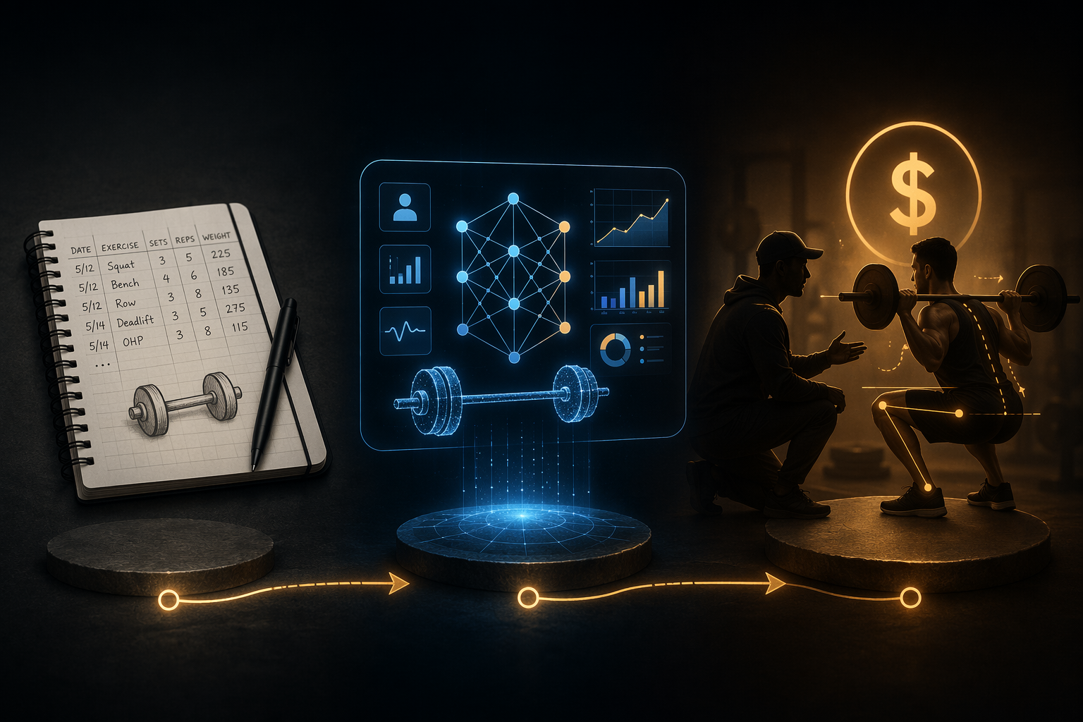 Three approaches to strength training apps: manual tracker, AI programmer, and human coach