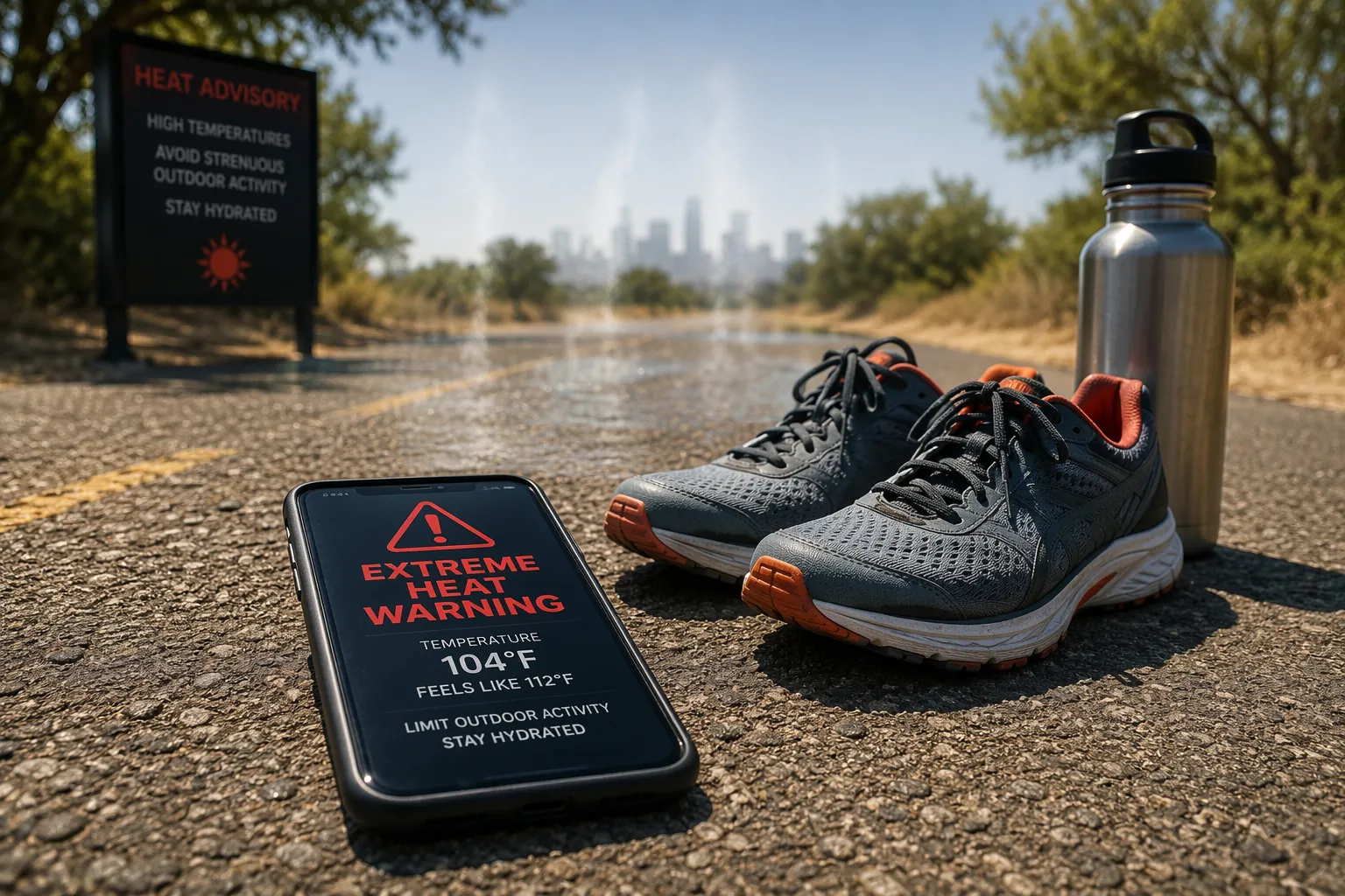 Smartphone on a hot running path showing an Extreme Heat Warning alert beside running shoes and a water bottle