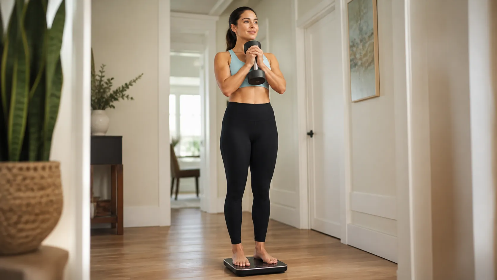 Person standing on a digital scale while holding a dumbbell against their chest